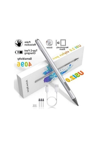 Fastbuy Silver Usı 2.0 Chromebook Stylus, 4096 Basınç Duyarlı, Usb C Hızlı Şarj, Palm Rejection, Lenovo Hp Asus Acer Uyumlu