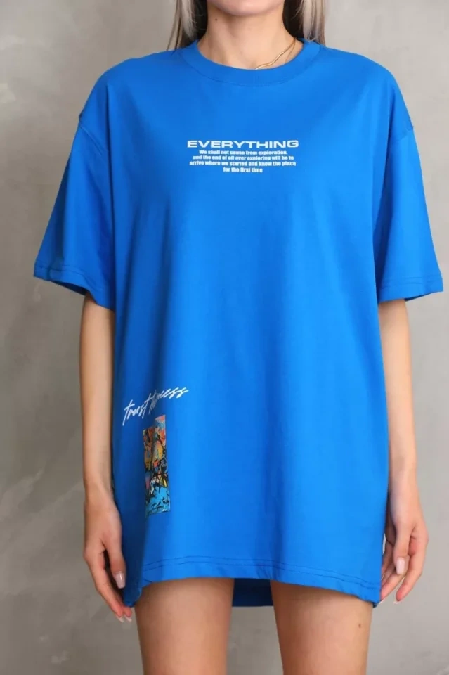 Mythrıva Unisex Bisiklet Yaka Baskılı Oversize T-shirt - Mavi