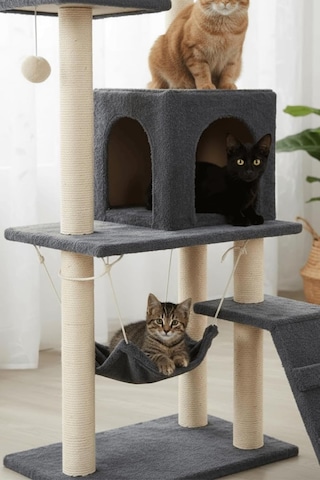 Pet B-07 Hamaklı Yuvalı Lüx Kedi Tırmalama Oyun Evi Antrasit