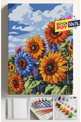 Sayılarla Boyama Seti Numaralı Tuval Fırça Boya Dahil Kasnaklı Set 50x70 Cm - Renkli Ayçiçeği