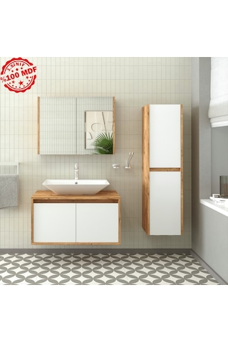Banos Roomart Lavabolu Ahşap-Mat Beyaz Mdf 85 Cm Banyo Dolabı+A.. Beyaz