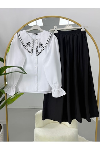Lovie Moda Nakışlı Bebe Yaka Bluz Jakar Etekli Takım Beyaz