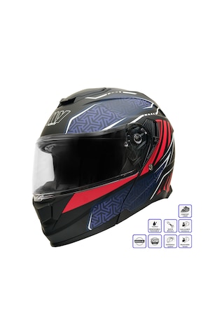 My Helmets Mks002-bbr Güneş Vizörlü Şeffaf Çene Açılır Motosiklet Kaskı Lacivert - Kırmızı - Siyah