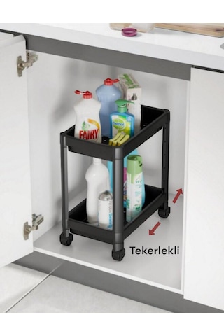 Maja 2 Adet 2 Katlı Siyah Tekerlekli Düzenleyici Mutfak Rafı Bany Siyah