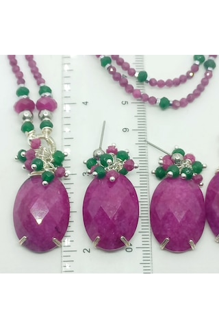 2790 Sıkma Yakut Yeşil Akik Hematit Kuvars El Yapımı Kolye 046 - Pembe