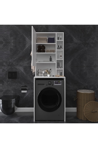 Asra Trend Çamaşır Makinesi Üstü Banyo Dolabı BD-02 %100 MDF Kapaklı Organizer Raf Beyaz