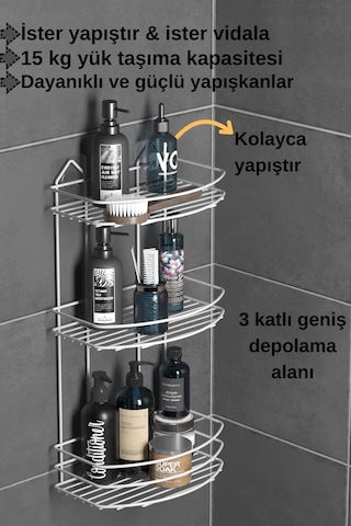 Teknotel Banyo Düzenleyici Şampuanlık Sabunluk 3 Katlı Yapışkanlı Banyo Duş Rafı Beyaz St009 Beyaz