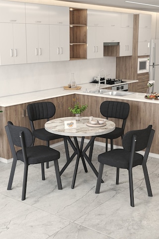 Gnr 90cm Sabit Efes Mutfak Masası Takımı, Yemek Masası, 4 Modern Siyah Sandalye Siyah