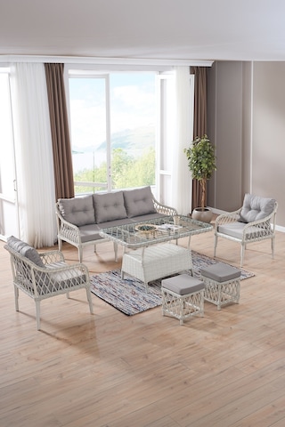 Joy Rattan Puflu Bahçe Balkon Takımı 3+1+1+ Camlı Masa Kemik Rengi Kemik