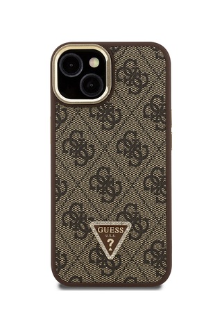 Apple iPhone 15 Uyumlu Kılıf Guess Lisanslı Üçgen Logo 4g Desenli Kamera Standlı Kapak Kahverengi