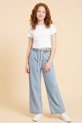 Modanino Kız Çocuk Beli Lastikli Ve Kordonlu Geniş Kesim Jean Pantolon 7-15 Yaş 12679sk Mavi