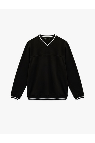 Koton Regular Fit Uzun Kollu Şardonlu Şerit Detaylı V Yaka Sweatshirt Siyah 6wam70302mk Siyah