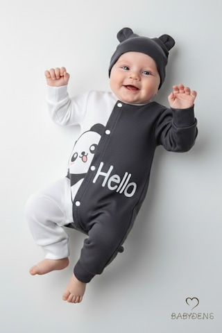 Babyden's Panda Baskılı Bebek Tulum & Şapka Seti,unisex Çıtçıtlı Uzun Kollu Yenidoğan Tulumu ,%100pamuk Antrasit - Beyaz