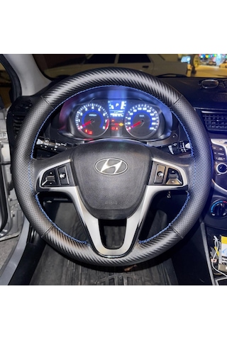 Dikişli Direksiyon Kılıfı Karbon Deri Noktalı Deri Mavi Dikişli Hyundai Accent Blue İçin Mavi