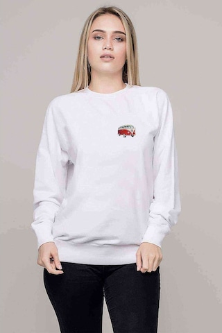Araba Minibüs Kırmızı T2 Baskılı Beyaz Kadın Sweatshirt
