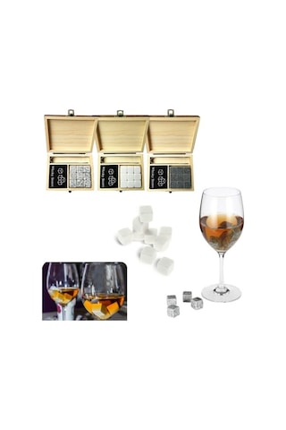 9pcs Viski Taş Seti Soğutma Taşları Ahşap Kutu Soğutma Kayaları Yeniden Kullanılabilir Buz Küpleri - Gri Gri