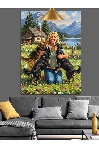 Doğada Kadın Ve Köpeklerin Sevgisi Dekoratif Kanvas - Mdf Ahşap Tablo