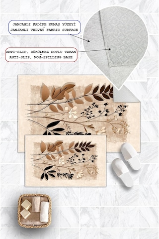 Dijital Baskı Yaprak Desen Kaymaz Taban 2li Set Banyo Paspası Klozet Takımı 50x60cm-60x100cm Krem