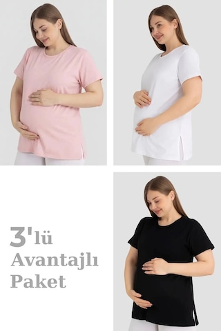 Carlburn Özel Üretim Pamuklu Kısa Kollu Hamile Tişört 3'lü Paket Yazlık Esnek Günlük Pembe Beyaz Siyah