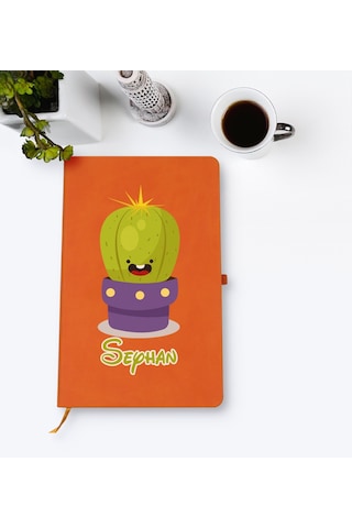 Kişiye Özel Kaktüs Tasarımlı Turuncu Termo Deri Defter Model 10