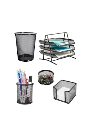 Artlantis Masa Üstü Siyah Fileli Kalemlik Çöp Kovası Ve 3 Katlı Evrak Rafı 5 Parça 1 Paket 5 Li Masa Üstü Düz Genel
