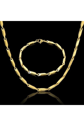 Gold Kaplama Bambu Küp Unisex Çelik Kolye Ve Bileklik Seti Eck05S Altın