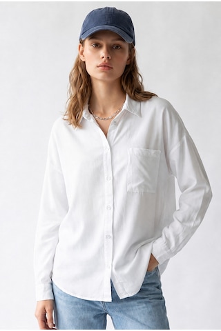 Mixray 4963 Kadın Tencel Kumaş Oversize Cepli Uzun Kollu Gömlek Beyaz