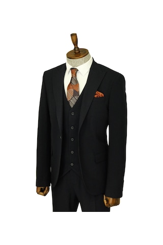 Tek Düğmeli Slim Fit Lacivert Yelekli Erkek Takım Elbise - Wessi Navy Blue