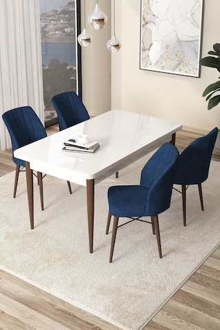 Canisa Concept Arp Serisi Sabit Mutfak Masası Takımı 70x110 Beyaz Ceviz Masa 4 Lacivert Sandalye Masa Beyaz/ Sandalyeler Lacivert