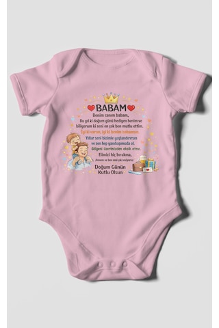 Morivokids Babam Doğum Günün Kutlu Olsun Kısa Kollu Bebek Body %100 Pamuk Koyu Pembe