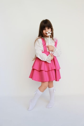 Kız Çocuk Helen Pembe Askılı Kat Kat Bağlama Jile Elbise Dantel Detay Ekru Uzun Kollu Bluz Takım