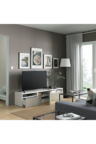 Tv Sehpası, Beyaz-parlak Cila-bej, 180x42x39 Cm, Selsvıken, Çıt Çıt Raylı Beyaz