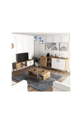 Exxen Ahşap Ayaklı Tv Ünitesi - Orta Sehpa - Konsol Seti Sepet - Beyaz Set 1584-2074-1624