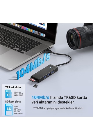 Orico PAPW3AT-U3-015-BK USB 3.0 to 3.0 TF SD Kart Okuyucu 3 Portlu USB 3.0 Çoklayıcı Adaptör Siyah
