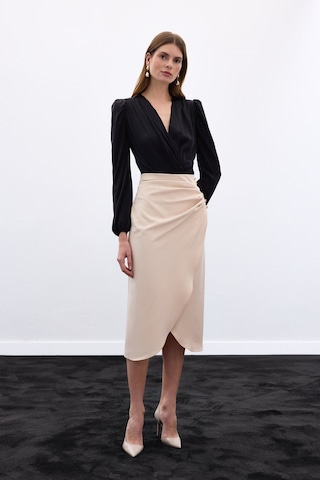 Sateen Düğme Detaylı Kalem Etek - Bej-136777 Bej