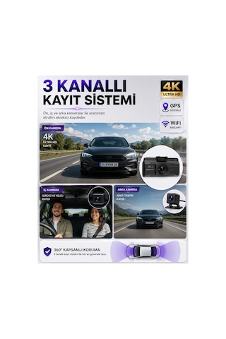 4k Araç İçi Kamera 3 Kameralı Gps Wifi G Sensör Gece Görüşlü Ön Arka İç Kayıt Araç İçi Dışı Kamera