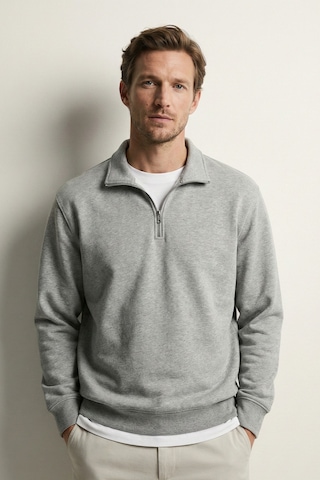 Elemge Pamuklu Erkek Sweatshirt Gri Soft Touch Relax Fit Yarım Fermuarlı Dik Yaka 3 Iplik Nefes Alan