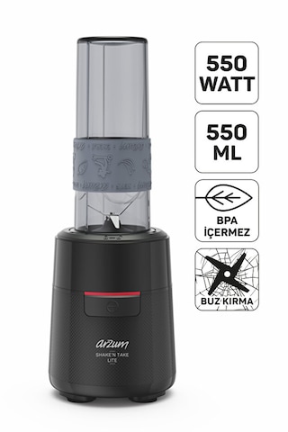 Arzum AR1191 Shake'N Take Lite Kişisel Blender 550W, 550 ml Taşınabilir Şişe, Buz Kırma Özellikli, Siyah