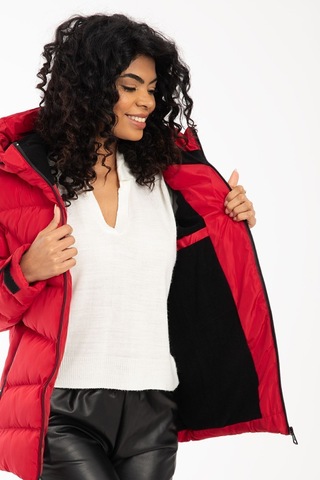 Kadın Kırmızı Kapüşonlu Içi Polarlı Kürklü Su Geçirmez Rüzgara Dayanıklı Şişme Mont Kırmızı