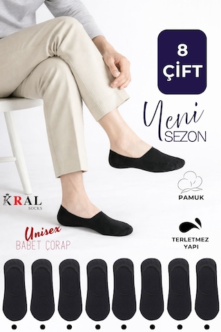 Kral Socks Kadın - Erkek Düz Desen 8'li Paket - 8 Çift Pamuklu Terletmez Babet Çorap Siyah