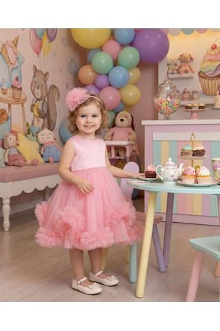 Ayışığı Kız Çocuk Tüllü Pembe Abiye Elbise Volanlı Etek Prenses Model Abiye Elbise Taç Hediyeli 1-5 Yaş Pembe