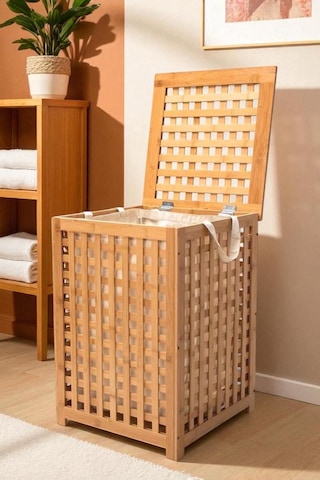 Digithome Bambu Çamaşır Sepeti 58x40 Cm Kulplu Taşınabilir Bezli Db-0042 Kahverengi