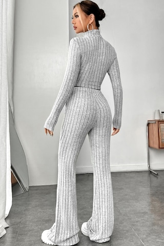 Fantezia Night Kadın Ekru Çizgili Boğazlı Crop Top Ve Yüksek Bel Eşofman Takımı Spor Şık Kombin Gri