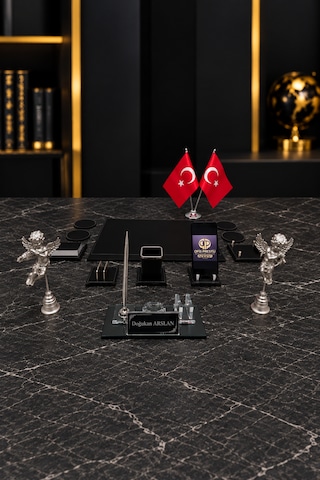 14 Parça Kristal Masa İsimlik Seti Kişiye Özel Melek Figürlü Lüks Ofis Sümen Takımı