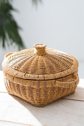 Digithome Rattan Hasır Kapaklı Çok Amaçlı Depolama Mutfak Banyo Sepeti 23 Cm Kahverengi Kahverengi