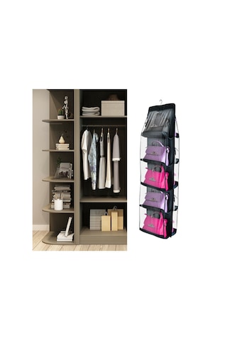 Çanta Saklama Düzenleyici Dolap İçi Çanta Askısı 10 Gözlü Şeffaf Pembe