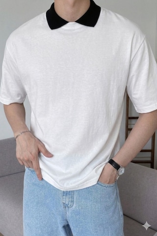 Erkek Kolej Yaka Tişört Kontrast Detaylı Casual Regular Polo Yaka T-shirt Beyaz