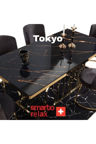 Smarto Relax Tokyo 2'li Yemek Masası Sandalye Seti - Metal Ayaklı, Siyah Kumaş Bej & Kahverengi