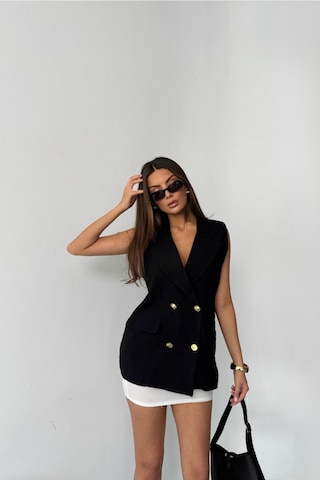 Modasize Gold Düğmeli Keten Yelek - Siyah Siyah