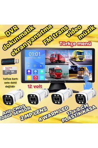 4 Adet Ahd 2mp Warm Ledli Kamera Dvr Dokunmatik 10.36 İnç Monitör 12 Volt 256 Gb